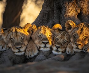 Pride of lions resting in the shade of a tree A majestic pride of lions lying lazily in the shade...