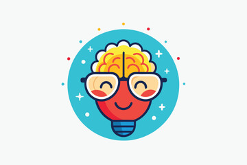 A minimalist round logo featuring a silhouette of a lightbulb and brain with funny faces with glasses C.eps