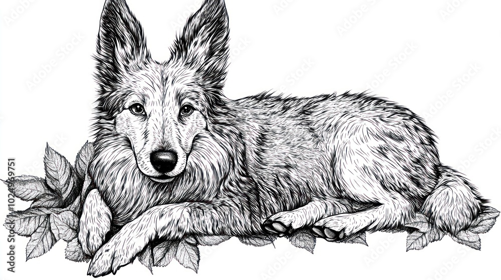 Sticker A detailed illustration of a resting coyote surrounded by leaves.