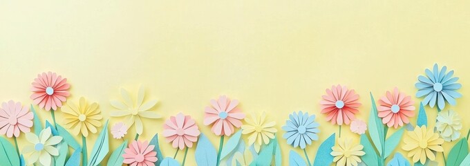A colorful arrangement of paper flowers against a soft yellow background.
