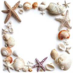 Obraz premium Sand and sea shells beach frame theme background isolated on white sand dollars, starfish