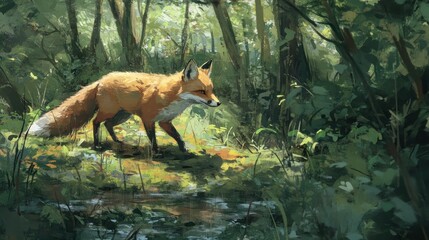 A fox walking through a lush forest beside a small stream.