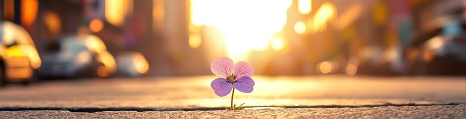 A delicate flower blooms on a sunlit street, symbolizing resilience in an urban setting.