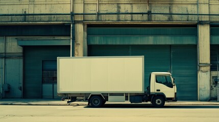 A parked white delivery truck beside a large industrial building.