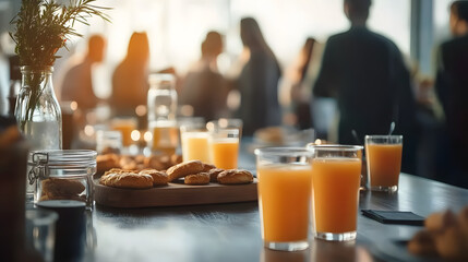 Breakfast setup on a table with juice, pastries, and people mingling in the background, highlighting social gatherings. Concept of community, hospitality, and morning.