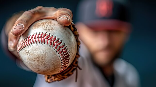 A focused image of a baseball player gripping a baseball, showcasing intense concentration and sporting gear, ready for action.
