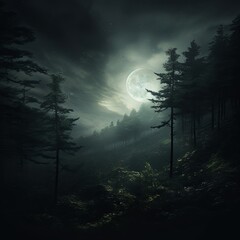 Obraz premium A breathtaking moonlit forest scene featuring a shimmering river that glows under the night sky. Tall trees tower majestically, and fireflies dance in the air, creating a magical atmosphere.