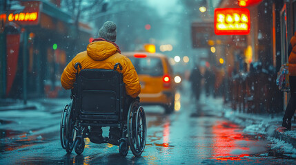 Obraz premium Rear view of a person in a yellow raincoat in a wheelchair on a rainy city street