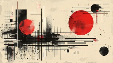 Obraz premium Hand drawn abstract minimal element mid century vector set. Aesthetic contemporary stripe line art, geometric shape in black and red. Art form design for wall art, decoration, wallpaper