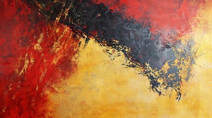   A colorful painting depicts a red, yellow, and black palette, featuring a prominent black bird on the canvas's left edge