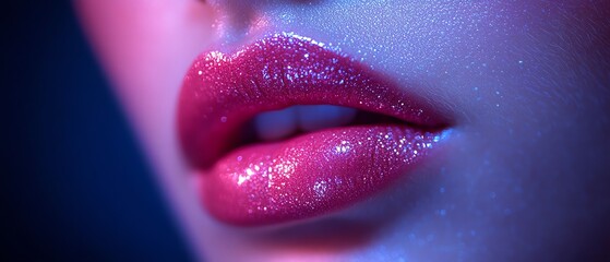 A closeup of a woman s lips, painted in a metallic shade, with a focus on glossy texture