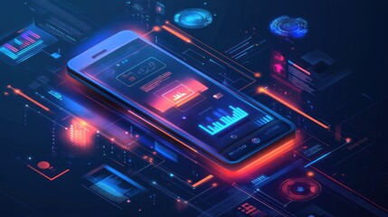 A futuristic smartphone surrounded by digital elements and graphics.