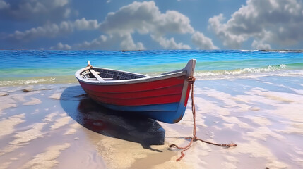 Naklejka premium Seaside Serenity A Fishing Boat Anchored on the Beach Awaiting the Tide