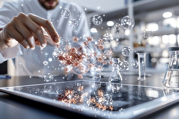 Fototapeta premium Scientist experimenting with bubbles in a modern laboratory setting.