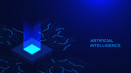 Artificial Intelligence concept with circuit board and glowing microchip isometric for technology background. Computer, electronic and machine learning
