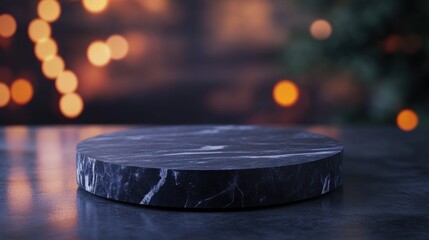 Fototapeta premium A round marble surface on a dark table with blurred lights in the background.