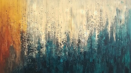   A painting depicts raindrops on a window with vibrant green, orange, and yellow brushstrokes on its exterior