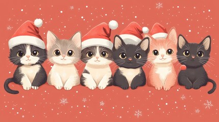 Obraz premium Cartoon Christmas kittens in Santa's hat. AI generated illustration.