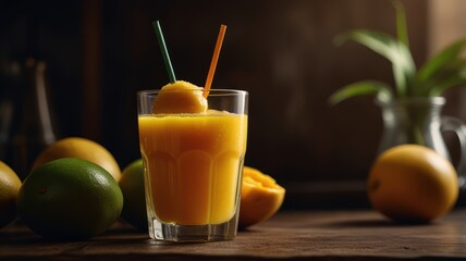 Fototapeta premium A glass of fresh orange juice with two straws, surrounded by oranges on a wooden table.