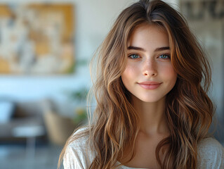  a woman with long brown hair, wearing a yellow top, standing indoors cafe with a blurred background.