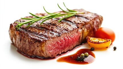   A perfectly cooked steak resting atop a pristine white plate, alongside a juicy tomato and a sprinkle of freshly ground black pepper