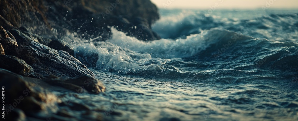 Poster A tranquil coastal scene with waves gently crashing against rocky shorelines.