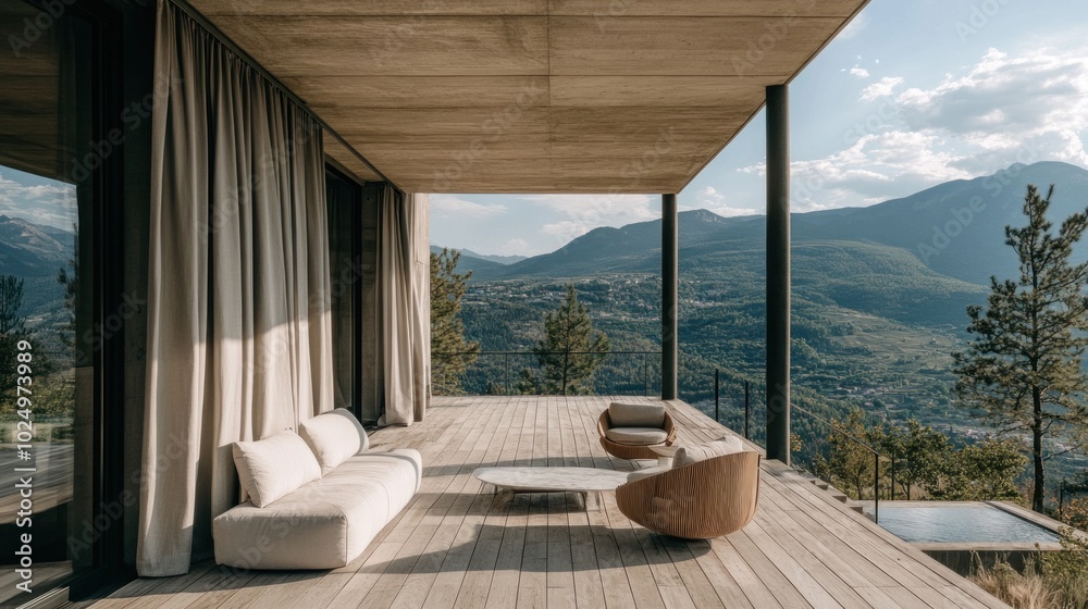 Wall mural Modern outdoor living space with a scenic mountain view.