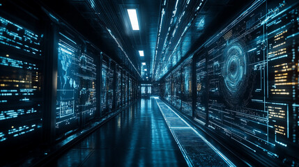 Futuristic corridor with glowing holograms and digital data walls in a high-tech space