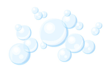 Air bubbles in cartoon style. Vector illustration of beautiful and transparent soap bubbles isolated on white background. Blue round bubbles of different sizes. Foam.