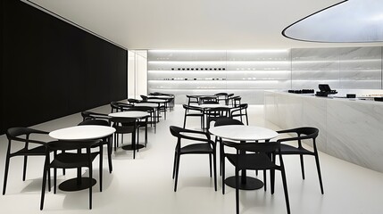 Elegant and minimalist home caf with a modern black and white dcor featuring marble countertops and minimalist chairs in a cozy and inviting setting