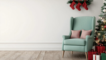 Cozy chair with festive decor for a warm holiday atmosphere.