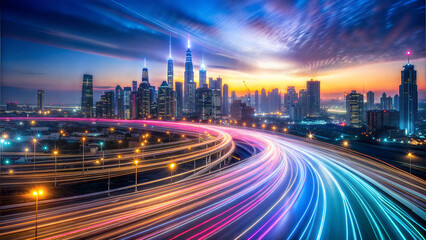 Abstract background of the travel of light through fiber optic cables with city.