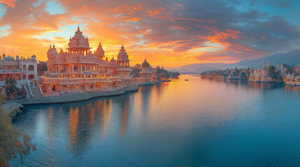 Fototapeta premium Majestic Indian Temple by a Tranquil Lake at Sunset, Reflecting Spiritual Serenity During a Festival