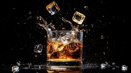 A glass of whiskey splashing, with ice cubes suspended mid-air, creating a dramatic contrast against the black background