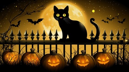 A spooky Halloween scene featuring a black cat, pumpkins, bats, and a full moon.