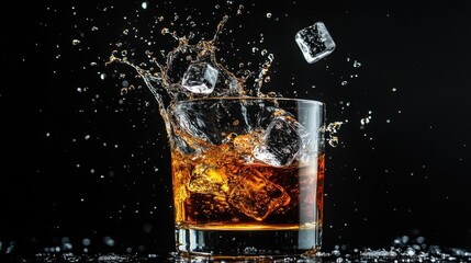A glass of whiskey splashing, with ice cubes suspended mid-air, creating a dramatic contrast against the black background