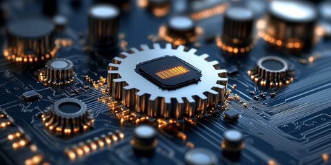 Interconnected gears and circuitry symbolizing synergy between technology and business processes