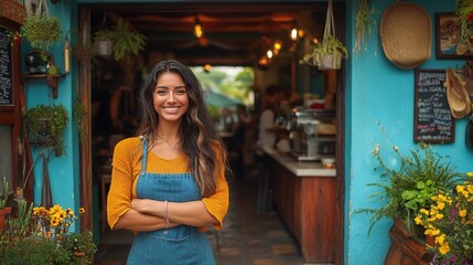 Woman with long brown hair is smiling and wearing a blue apron. She is standing in front of a counter in a cafe. Successful Female latin Small food restaurant at entrance