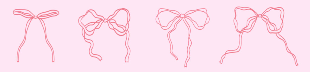 Set of minimalist various bow knots, laces, ribbons. Hand drawn Vector illustration in coquette Lolita style. Isolated design elements. Wedding celebration, holiday, party decoration, gift concept.