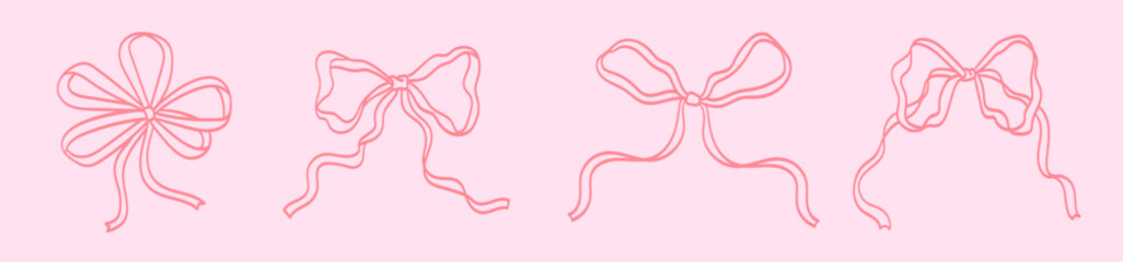 Fototapeta premium Set of minimalist various bow knots, laces, ribbons. Hand drawn Vector illustration in coquette Lolita style. Isolated design elements. Wedding celebration, valentine'a day, party, gift decor concept.