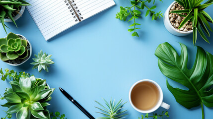 Office desk with notebook, coffee, and succulents on a blue background