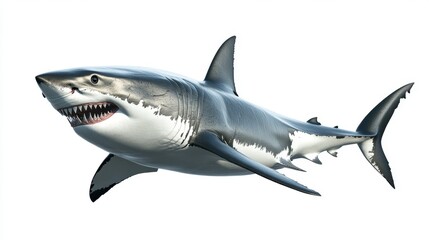 Obraz premium A powerful great white shark, isolated on a white background, showing off its sharp teeth and muscular body in sharp detail