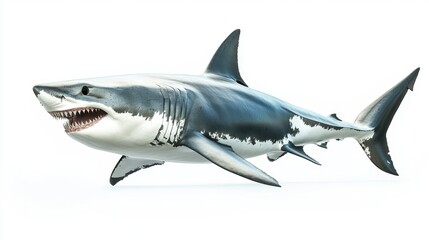 Fototapeta premium A powerful great white shark, isolated on a white background, showing off its sharp teeth and muscular body in sharp detail
