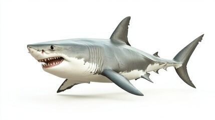 Fototapeta premium A powerful great white shark, isolated on a white background, showing off its sharp teeth and muscular body in sharp detail