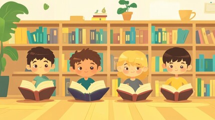 Four children reading books in a cozy library setting.