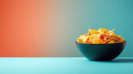Vibrant Nacho Chips in a Black Bowl on a Colorful Background