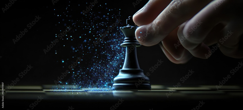 Poster A hand moves a black chess piece, emitting sparkling particles against a dark background.