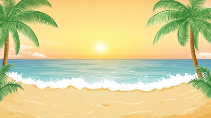 A serene beach scene at sunset with palm trees and gentle waves.