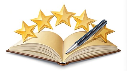 Book review clipart featuring stars and a pen rating a book from a tilted angle