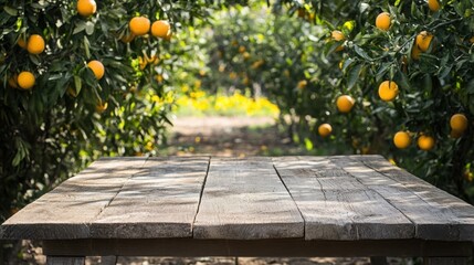 A simple wooden table with free space, set before a scenic orange grove, inviting creativity and natural beauty in an outdoor setting
